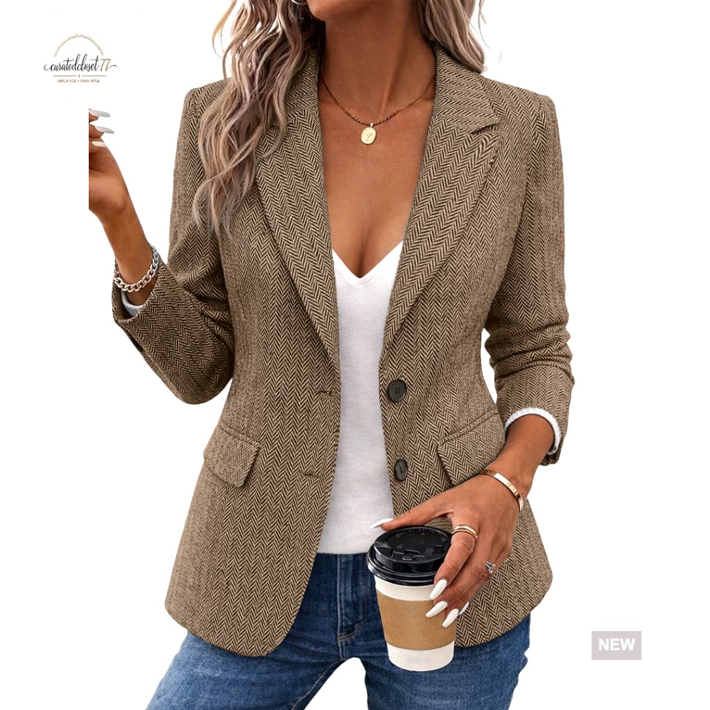 Herringbone Tweed Blazer Notched Lapel Fully Lined Work Office Coat